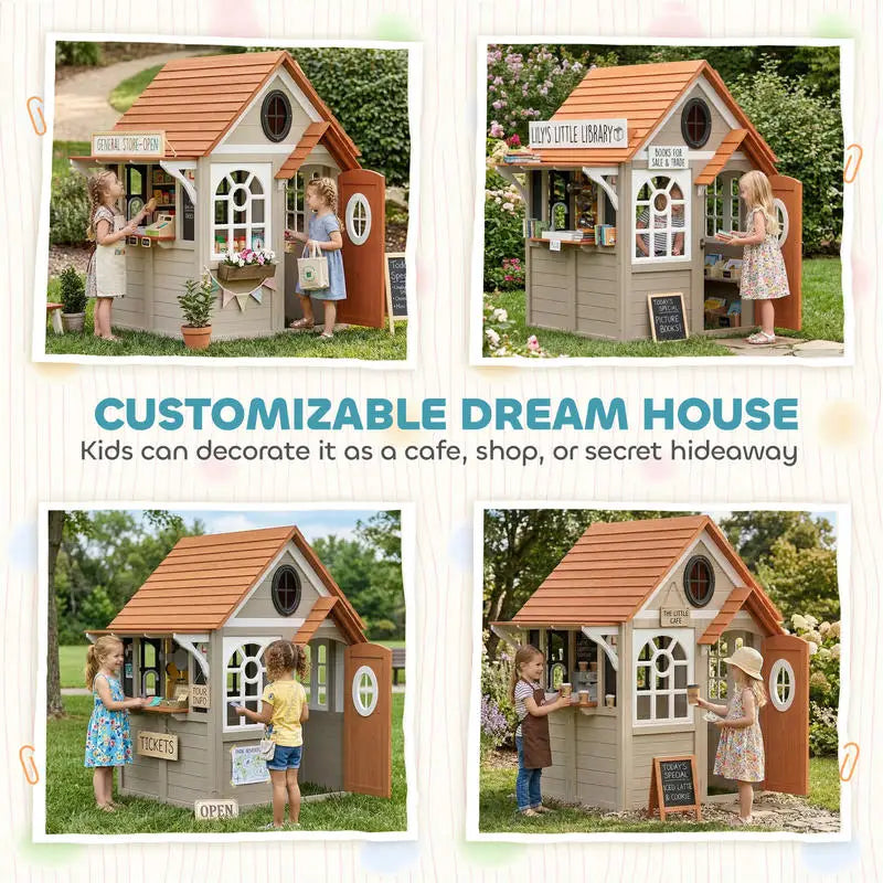 Wooden Outdoor Playhouse For Kids With Dog Door Kitchen