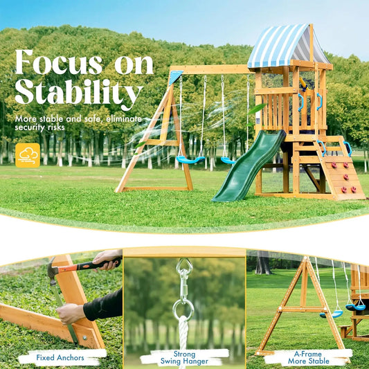 Durable Wooden Swing Set With Slide And Climbing Wall