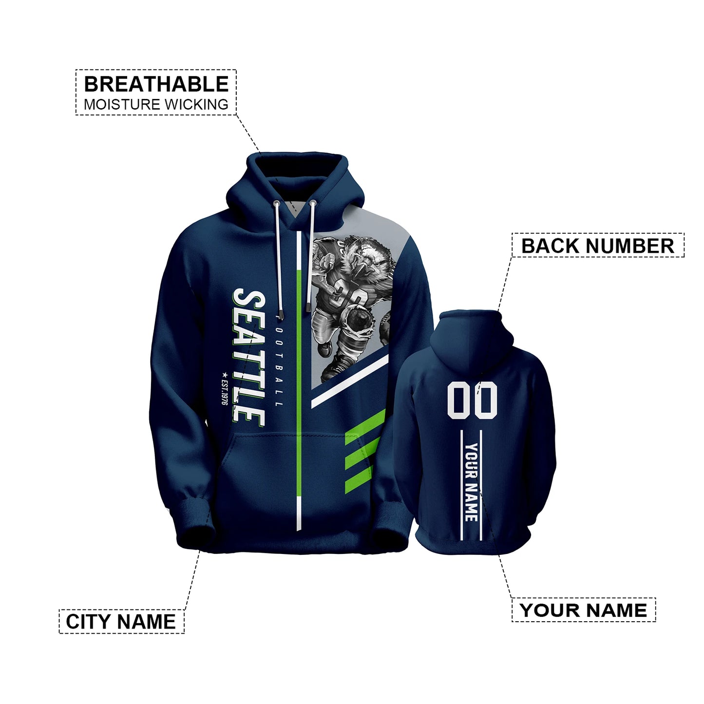 Personalized Seattle City Mascot 3D Print Football Hoodie - Custom Pullover Sweatshirt for Men, Women, and Youth Fans with Name and Number