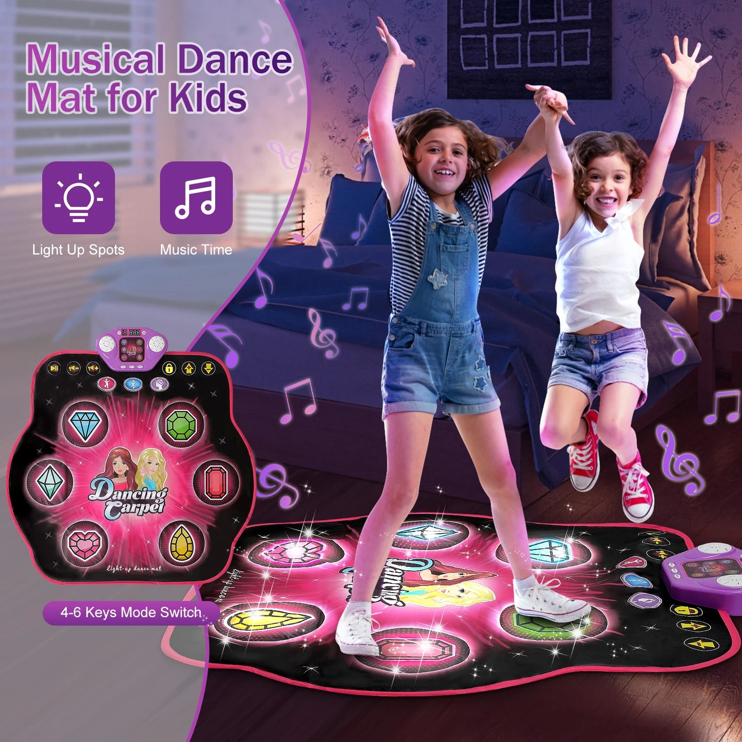 Bluetooth Dance Mat for Kids - 27 Levels, 6 LED Keys, Interactive Music Game Toy for Ages 3-8