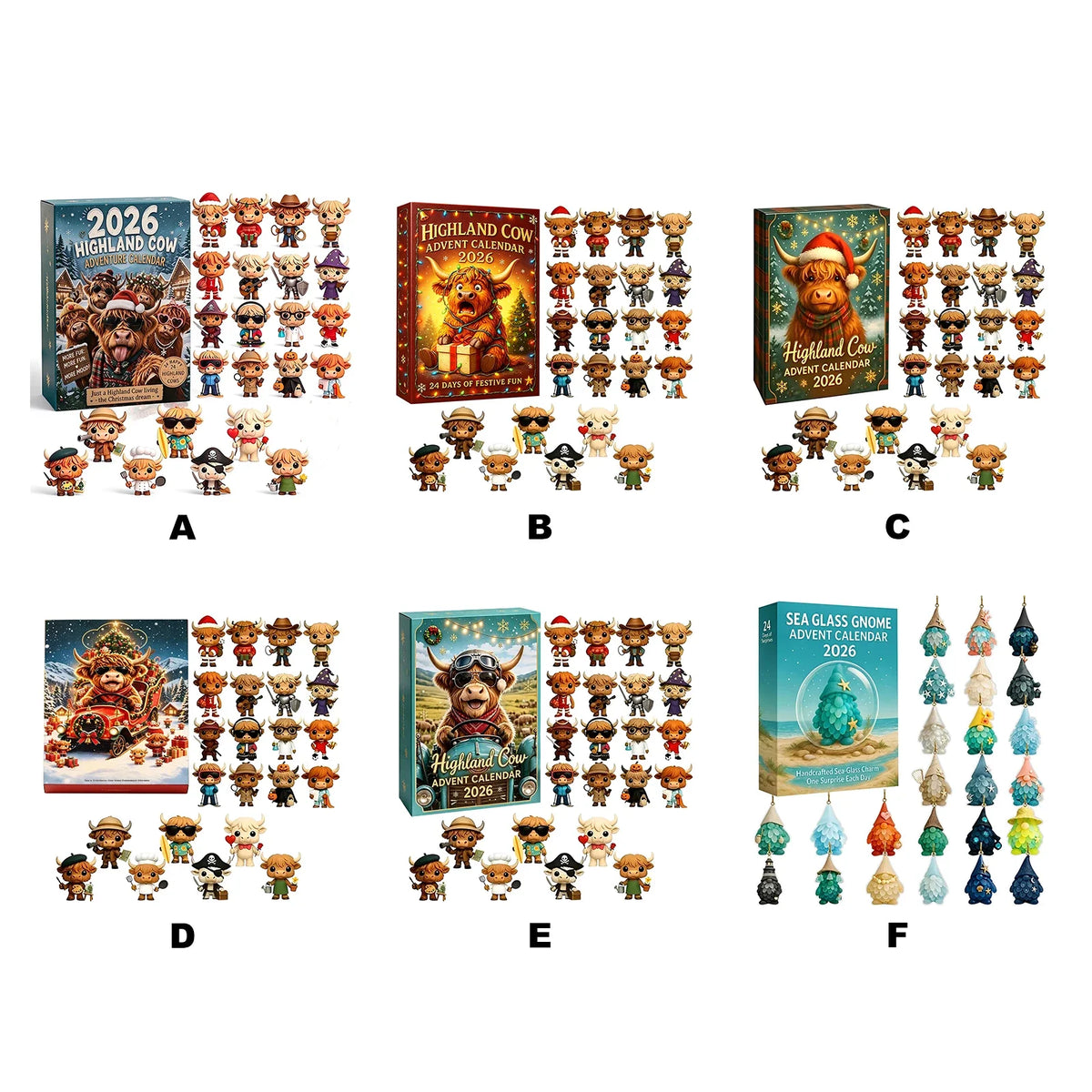 Advent Calendar | 2026 Highland Cow Figures | 24 Piece 3D PVC Display | Mantel And Shelf Decor