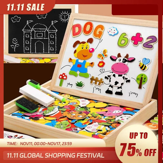 Creative Learning Wooden Magnetic Drawing Board and Animal Puzzle