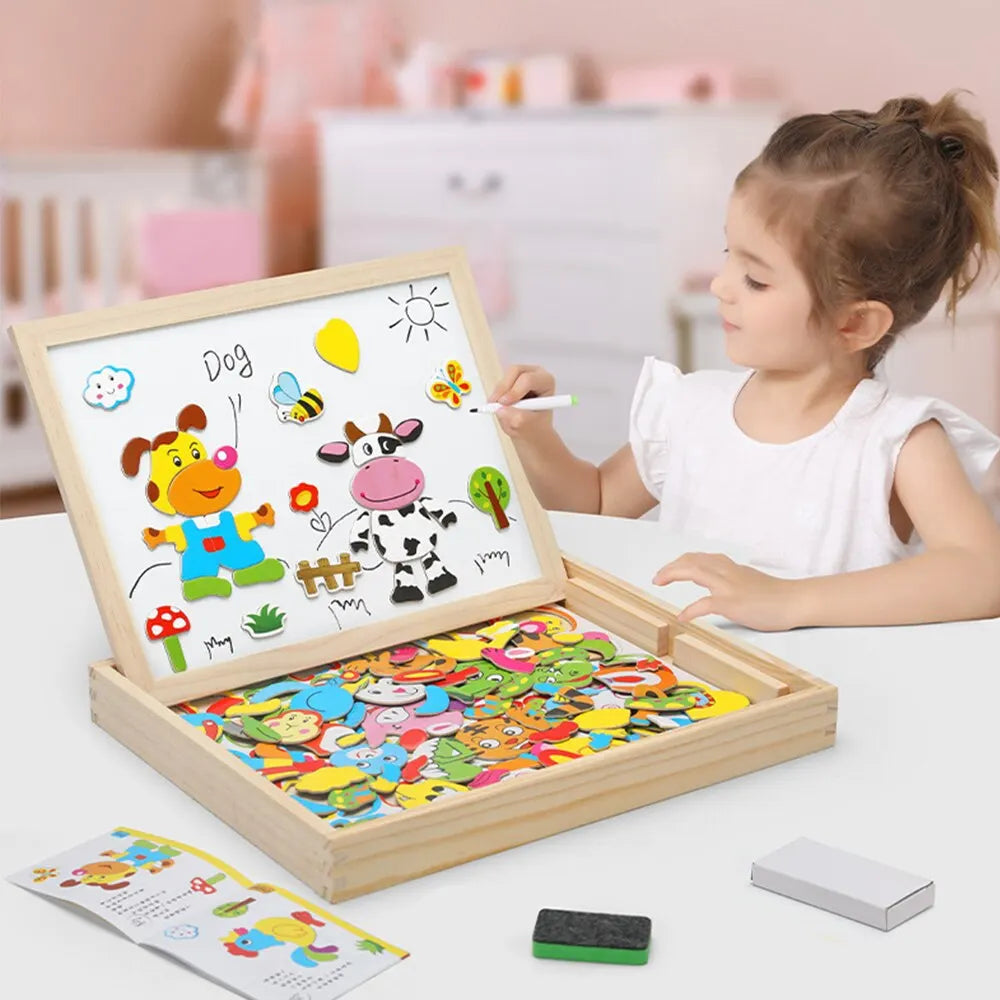 Creative Learning Wooden Magnetic Drawing Board and Animal Puzzle - ToylandEU