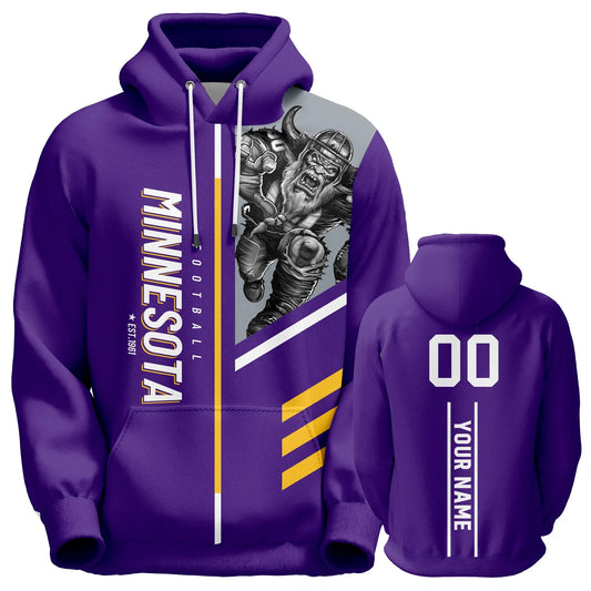 Personalized Minnesota 3D Printed American Football Hoodie - Custom Name and Number Sweatshirt for Men, Women, and Youth Fans