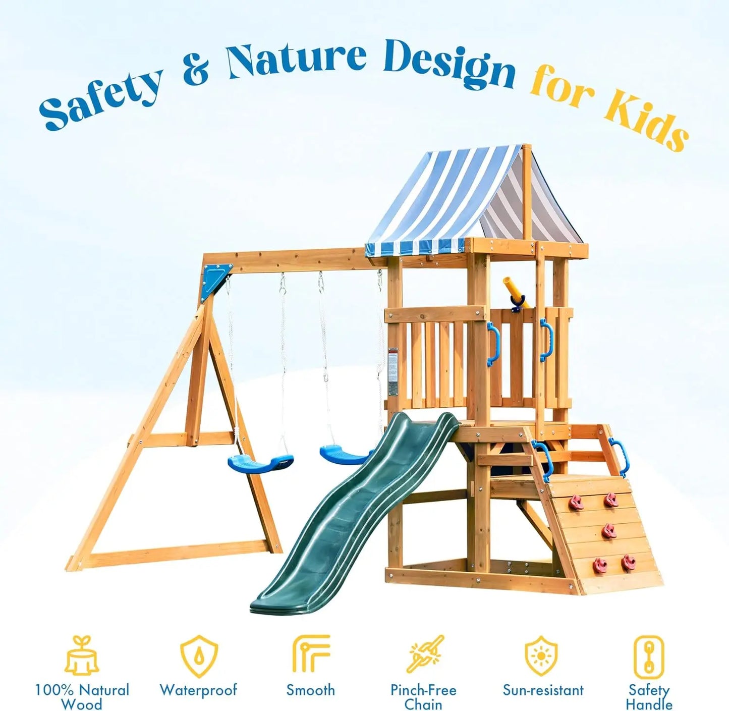 Durable Wooden Swing Set With Slide And Climbing Wall