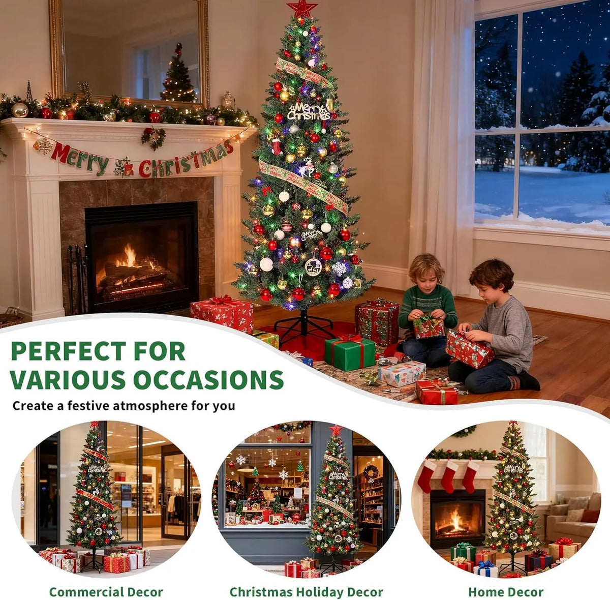 Artificial Christmas Tree | Pre Lit Warm Lights | Slim Pencil Trunk | Compact
