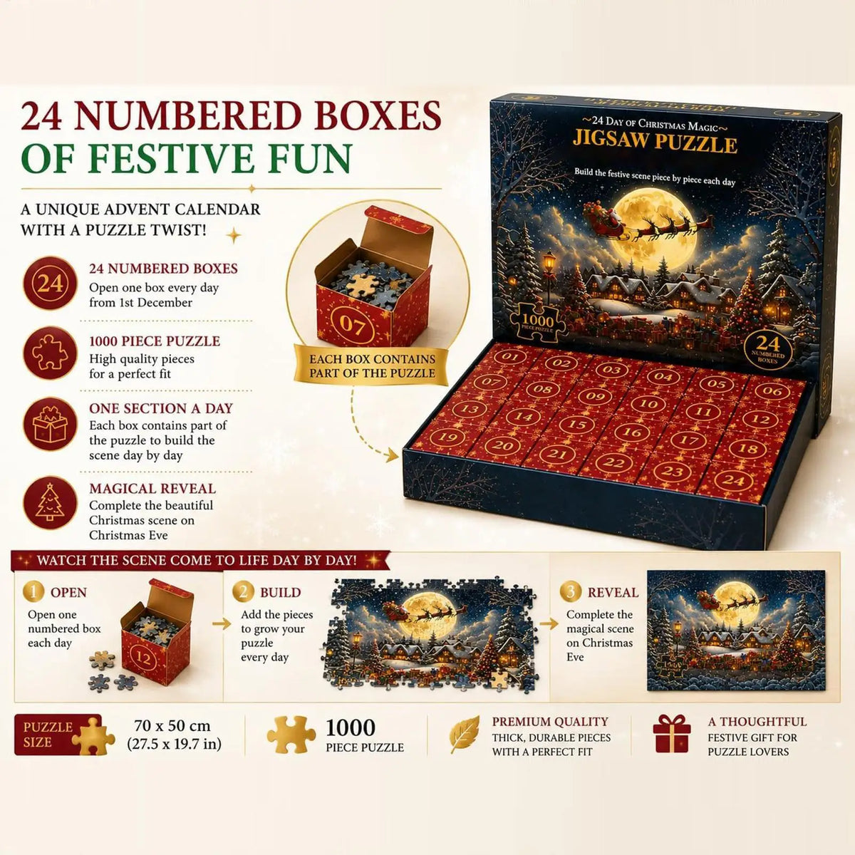 Advent Calendar | 24 Day Countdown Jigsaw Puzzle | 1008 Pieces | Snow Village Santa Holiday Gift