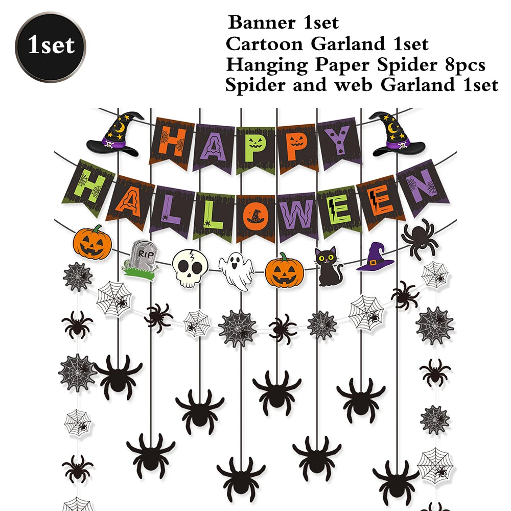 Halloween Decor Kit | Paper Banner Garland | Spider Web Swirls | Party Setup
