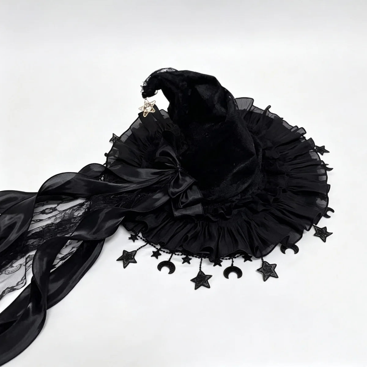 Lace Velvet Witch Hat | Moon Pendant Trim | Lace Edge Detail | Adult Party Wear