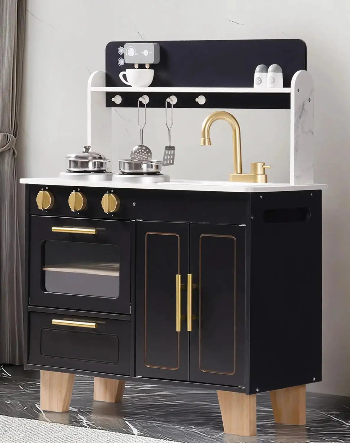 Play Kitchen for Kids, Wooden Kids Play Kitchen Playset, Toddler Kitchen Pretend Play Set with Marble-Style Countertop, Modern T - ToylandEU