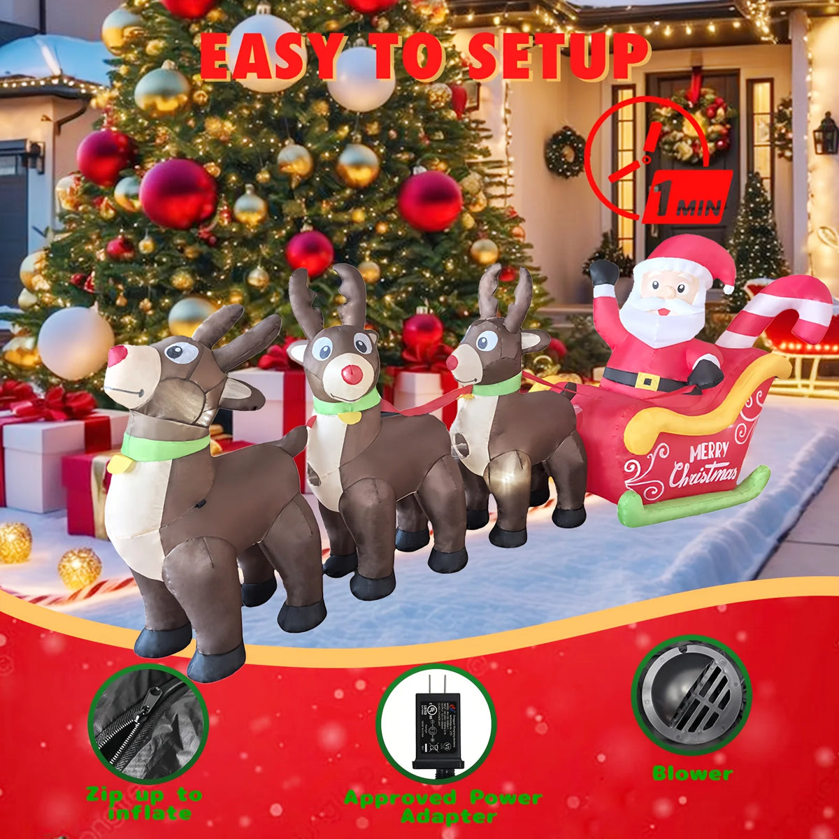 Inflatable Santa Sleigh | 9.8 Ft Led Model | 3 Reindeer | Outdoor Christmas Decor