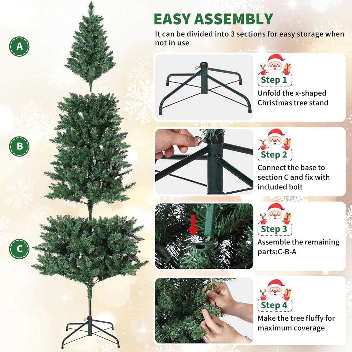 Artificial Christmas Tree | Pre Lit Warm Lights | Slim Pencil Trunk | Compact