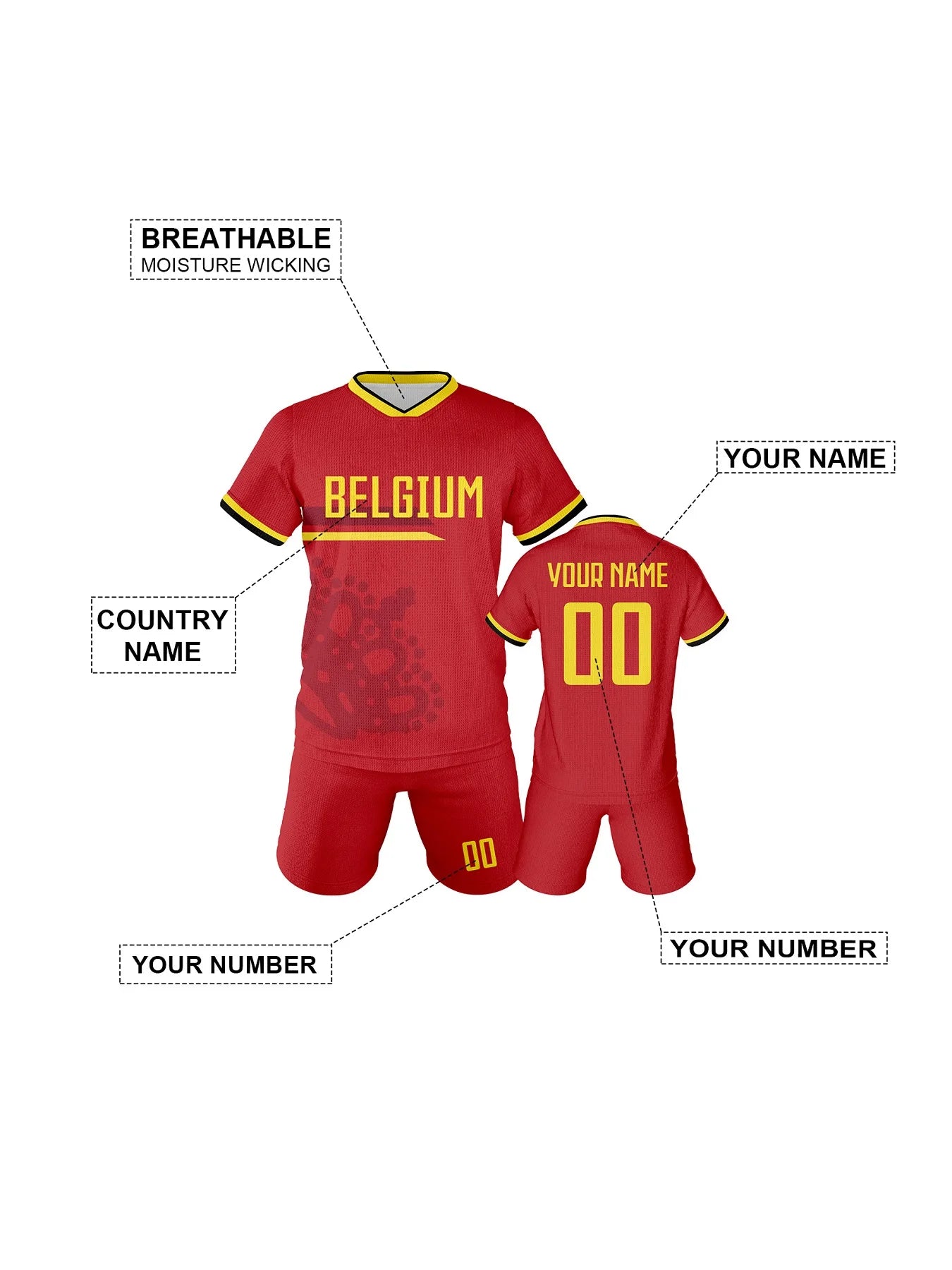 Personalized Belgium Kids Soccer Jersey Set - Custom Summer Football Uniforms for Boys and Girls (Ages 3-14)