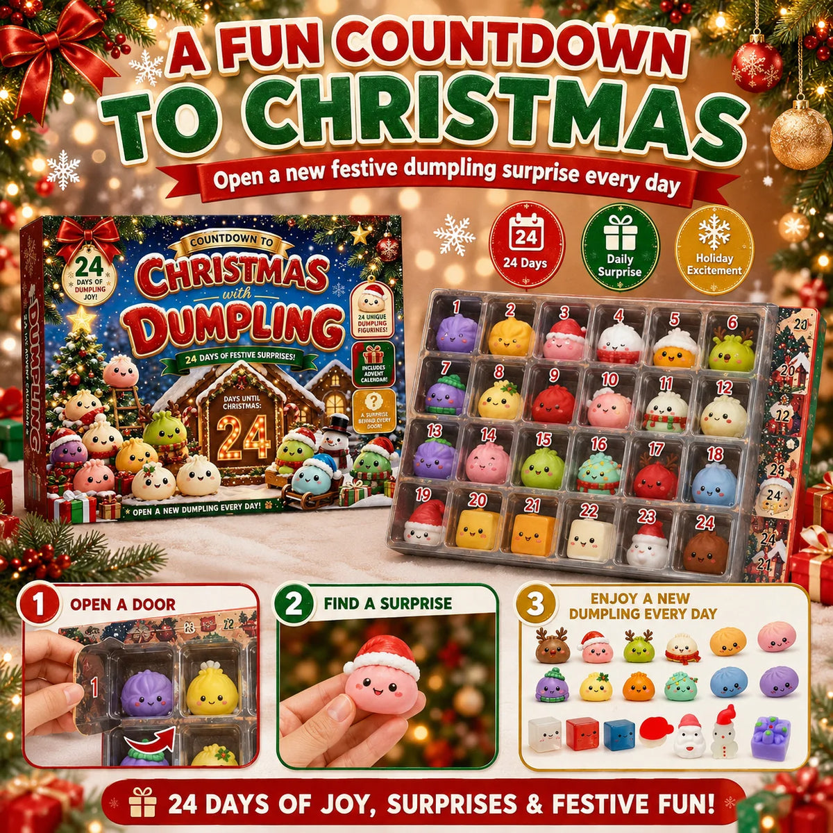 Advent Calendar | 2026 24 Day Dumpling Squishy Blind Box | Slow Rise Squeeze Fidget | Holiday Gift Box