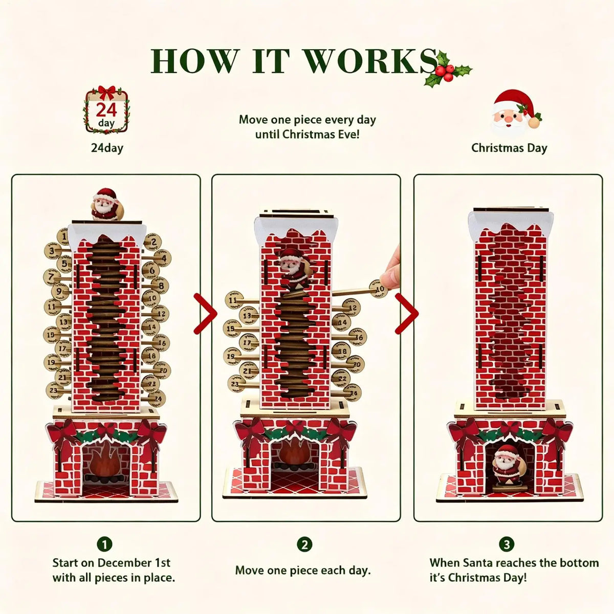 Advent Calendar | Wooden Santa Chimney | Moving Santa Daily Countdown | Reusable Christmas Decor