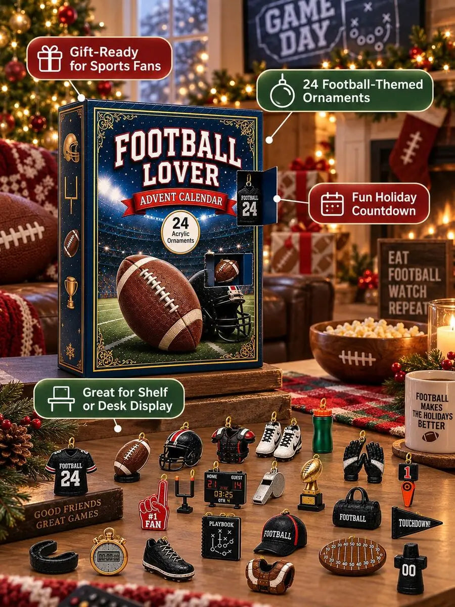Advent Calendar | 2026 Football Theme | 24 Flat Acrylic Sports Ornaments | Game Day Tree And Shelf Decor