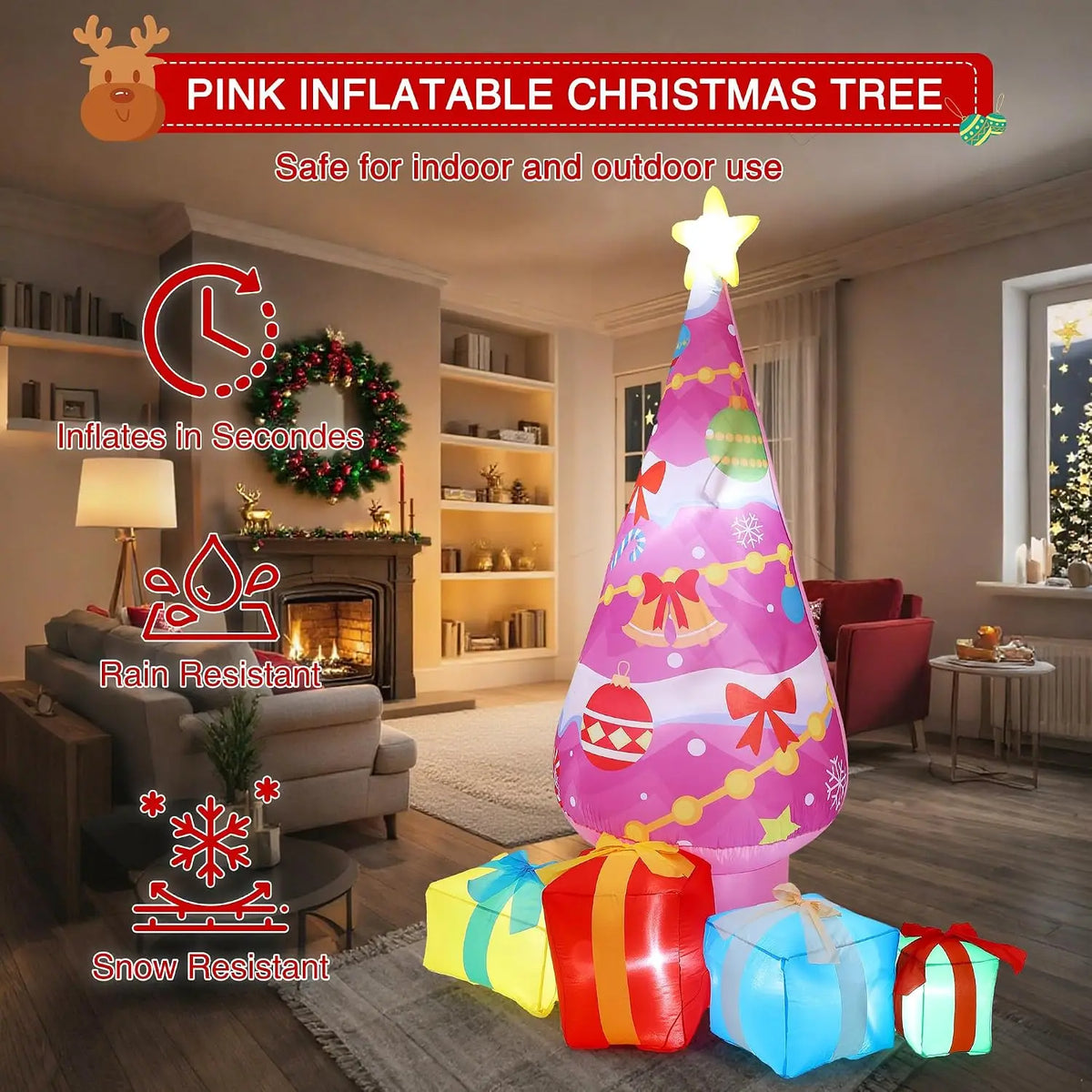 Pink Inflatable Christmas Tree | Built In LED Lights | 7 Ft | Yard Decor