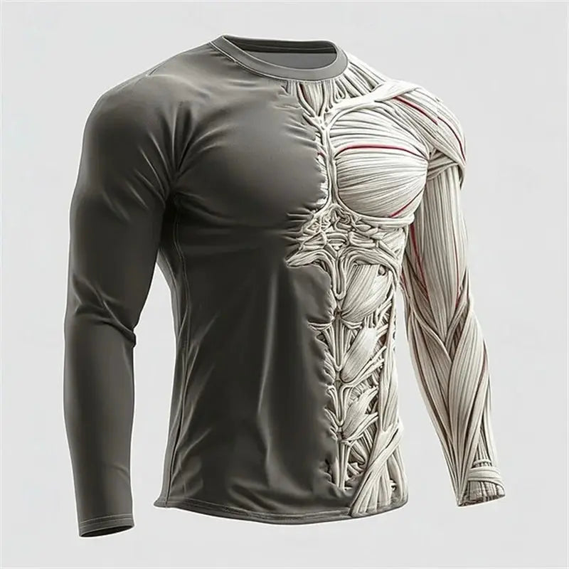 2026 New Men's Creative Muscle Texture Print T-Shirt Quick-Dry Crew Neck Long Sleeve Top Men's Casual Long Sleeve Pullover - ToylandEU