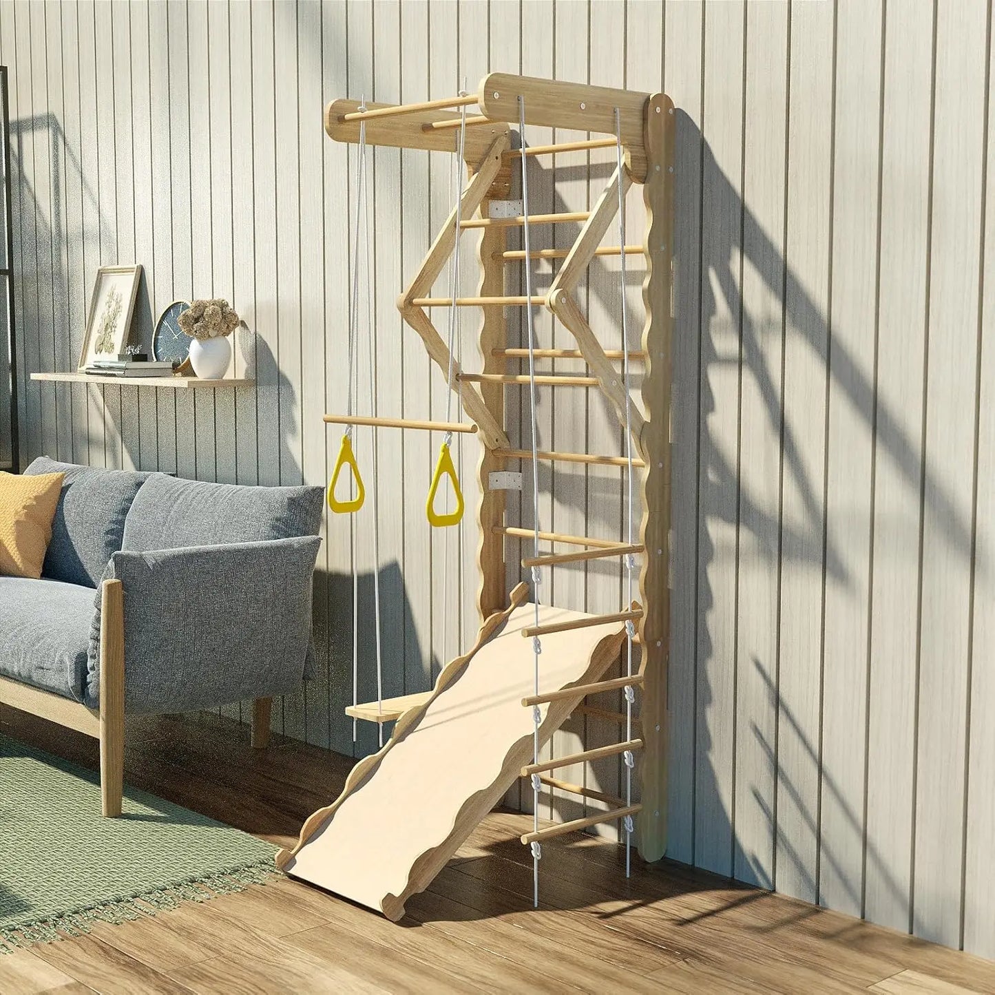 Wooden Indoor Jungle Gym With Swedish Ladder Promotes Active Play