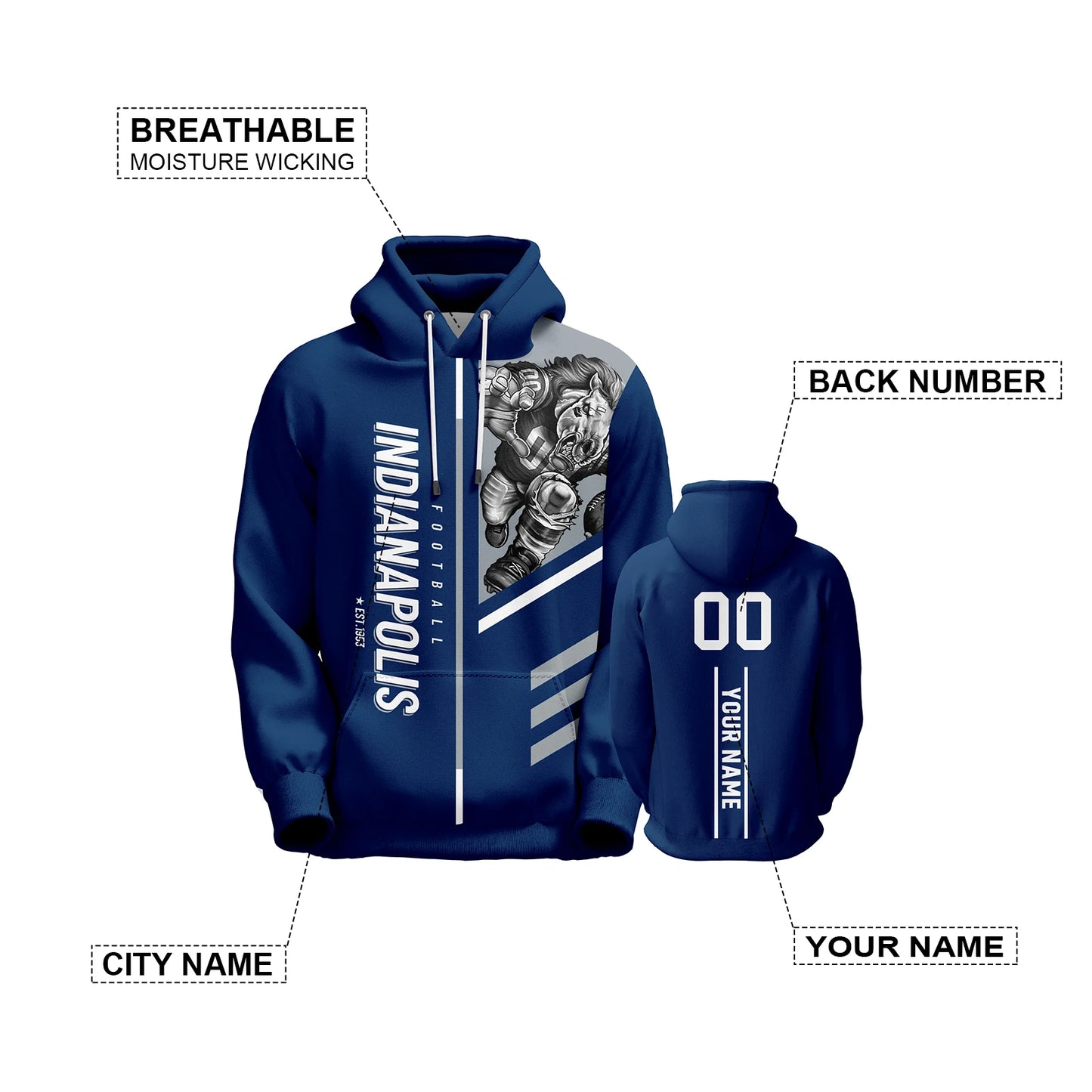 Personalized Indianapolis City Football Hoodie with Name & Number - 3D Printed Sweatshirt for Men, Women, and Youth