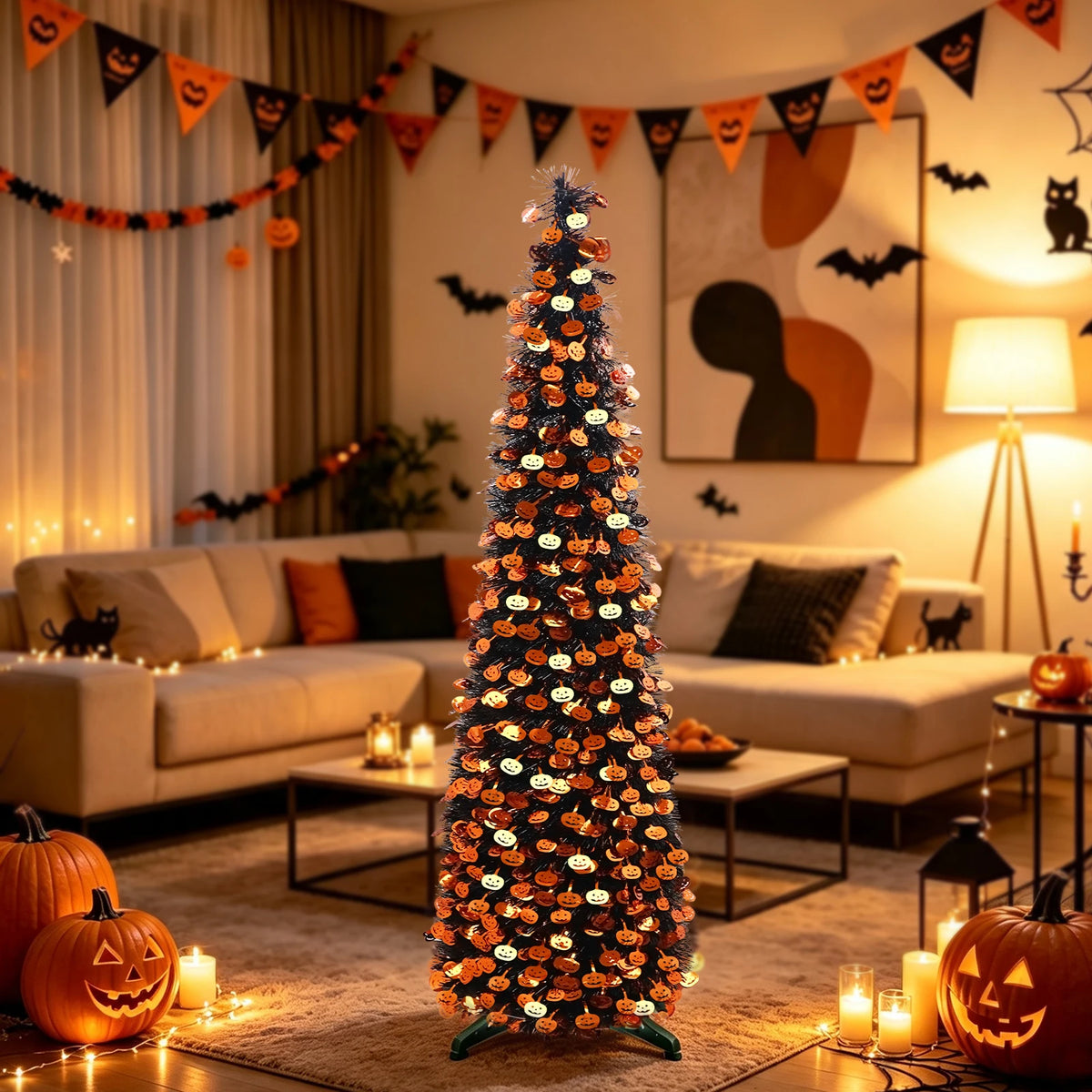 Pop Up Artificial Tree | 5ft With Led Lights | Halloween Pumpkin | Indoor Party