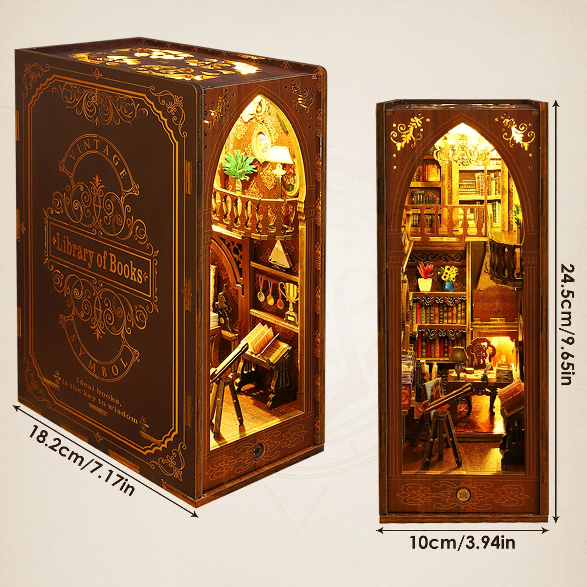 Enchanting 3D Wooden Book Nook Set with Sensor Light - Creative Dollhouse Decor and Bookend Gift