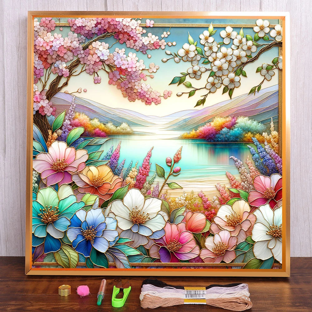 Scenery Flower Printed Cross-Stitch DIY Embroidery Complete Kit Needlework Handiwork Painting Sewing Needle Jewelry Room Decor