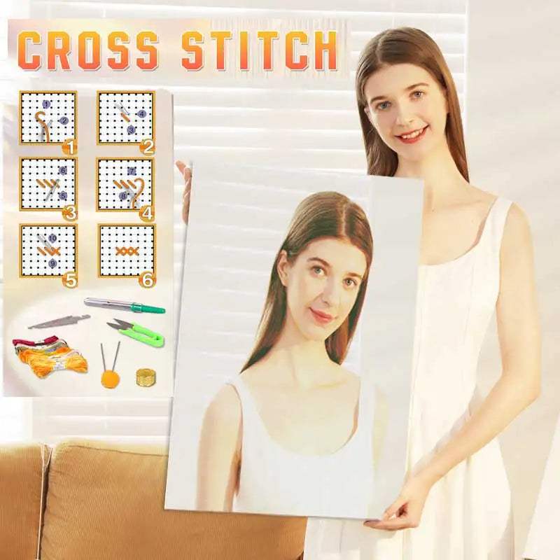 Personalized Photo Cross Stitch Kit - 11CT/14CT DIY Needlework with Cotton/Silk Threads - Custom Canvas Art Set