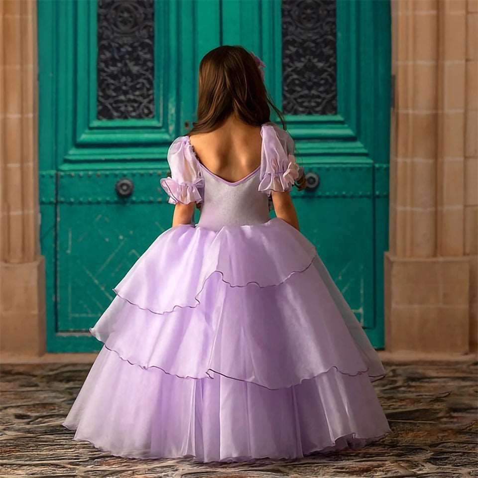 Enchanted Puff Sleeve Tutu Dress for Girls - Backless Halloween Cosplay Costume with Floral Design