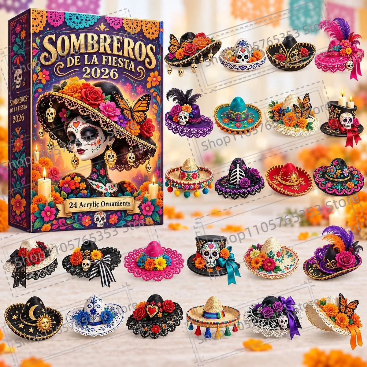 Advent Calendar | 2026 Day Of The Dead | 24 Piece 2D Acrylic Pendants | Festive Party Gift