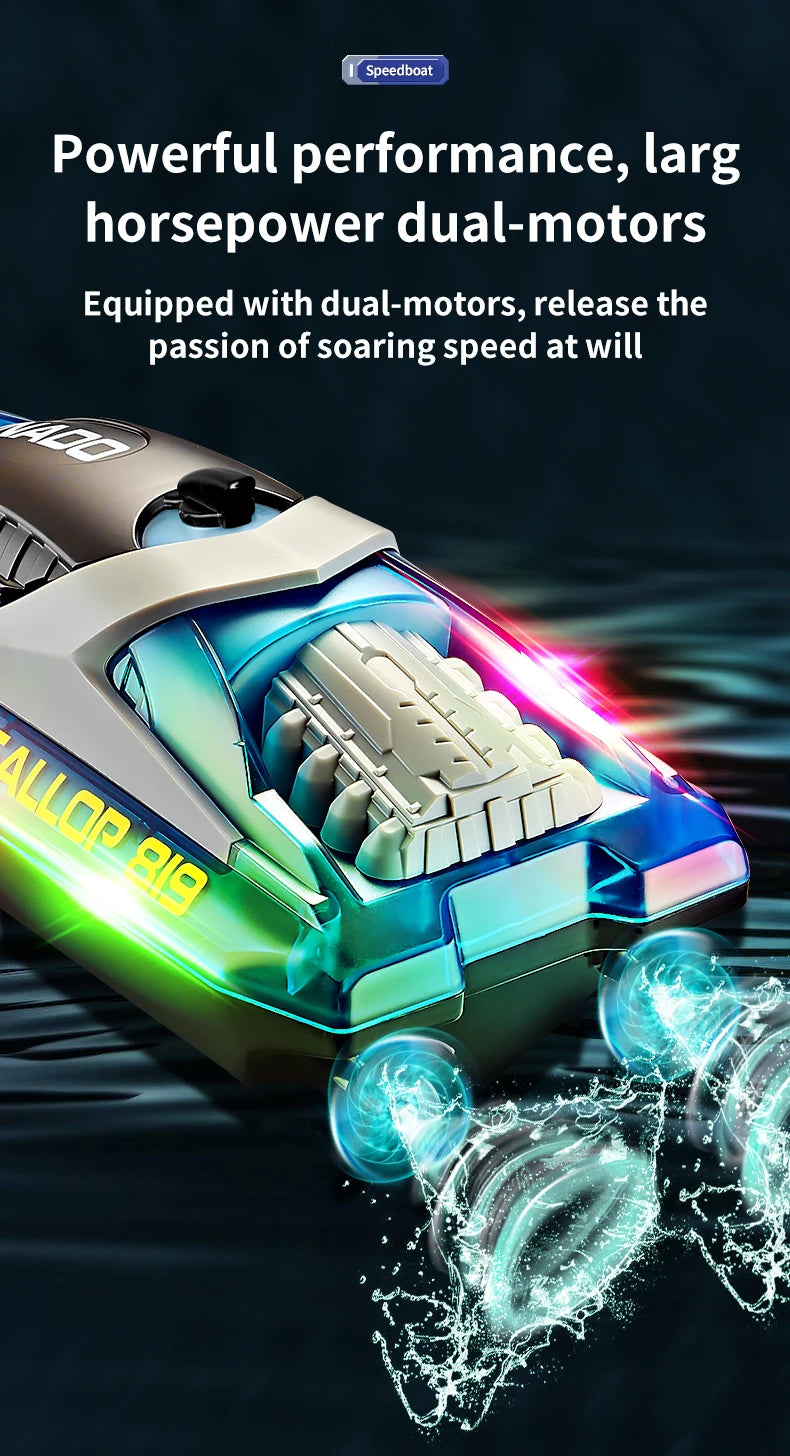 RC High-Speed RC Speedboat with LED Lights - Rechargeable, Waterproof Fun for Kids - 2-Hour Endurance Outdoor Toy