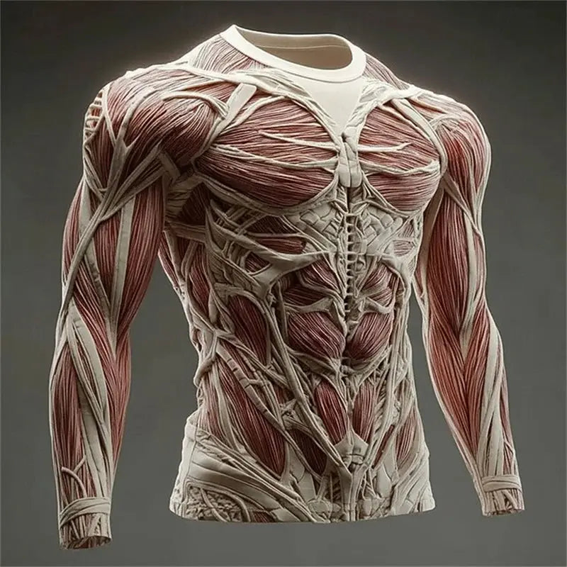 2026 New Men's Creative Muscle Texture Print T-Shirt Quick-Dry Crew Neck Long Sleeve Top Men's Casual Long Sleeve Pullover - ToylandEU