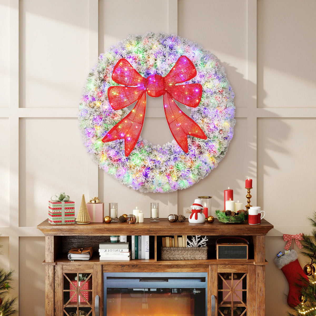 Artificial Christmas Wreath | 48 Inch Flocked | Pre Lit With Bow | Indoor Decor