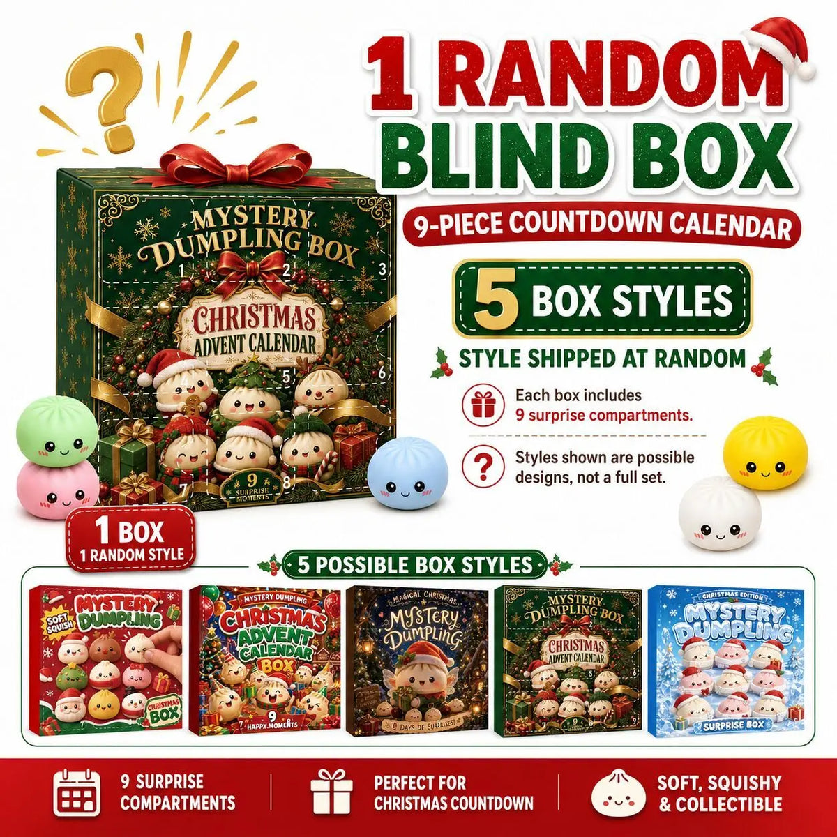 Advent Calendar | 9 Day Dumpling Fidget Squishies | Mystery Blind Box | Squeeze Sensory Holiday Gift