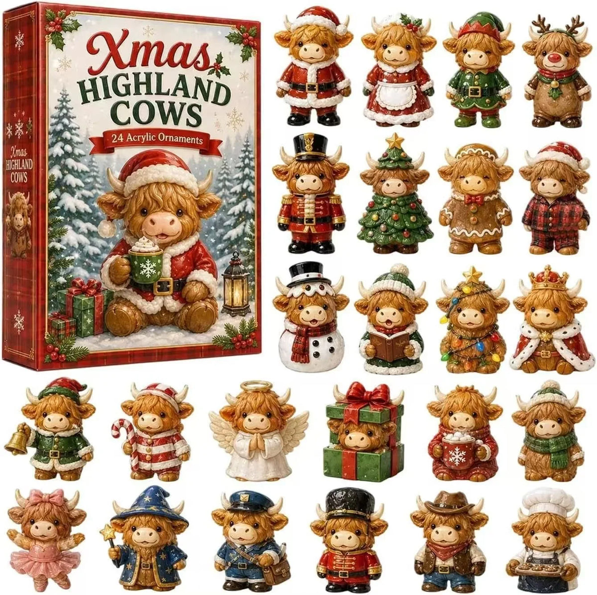 Advent Calendar | 24 Day Highland Cow Mini Figures | Numbered Compartments | Farmhouse Holiday Decor