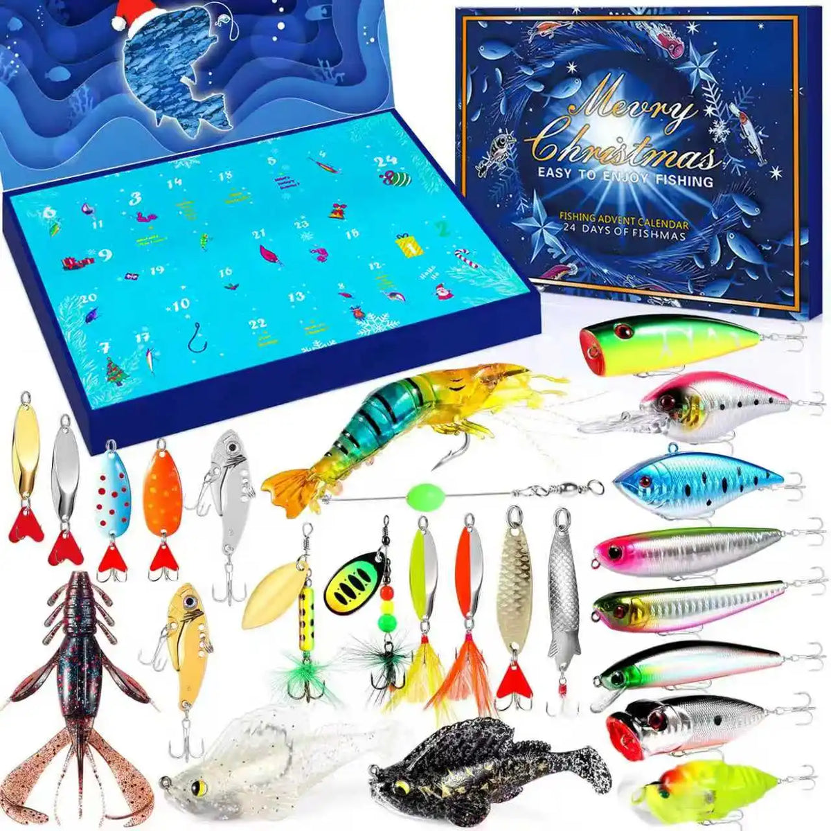 Advent Calendar | 24 Day Fishing Lure Set | Assorted Minnow Spoon Frog And Shrimp Baits | Gift For Anglers