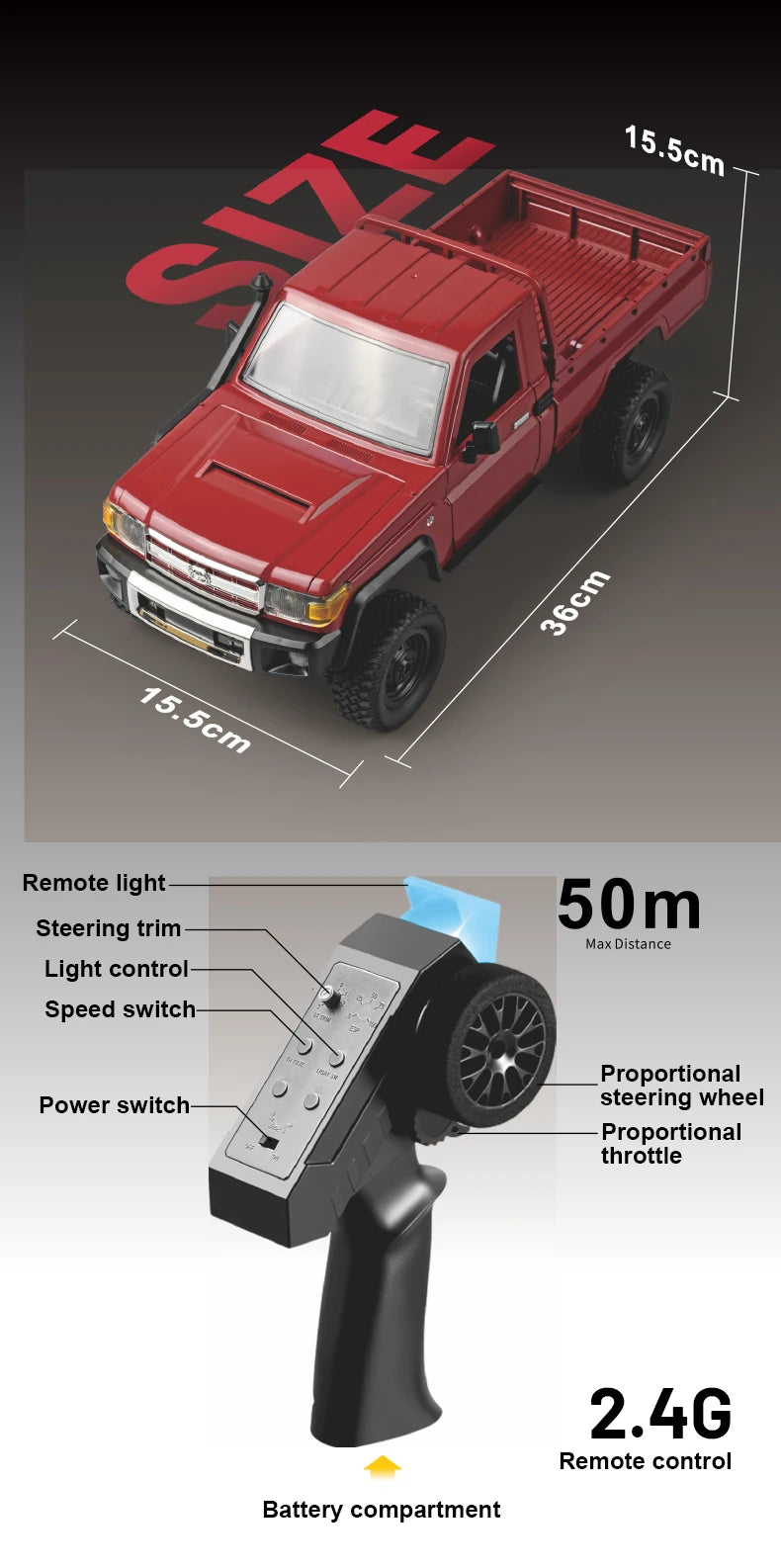 RC JJRC MN82 1:12 Scale 4x4 Remote Control Pickup Truck with LED Lights - Simulation Model for Kids & Hobbyists