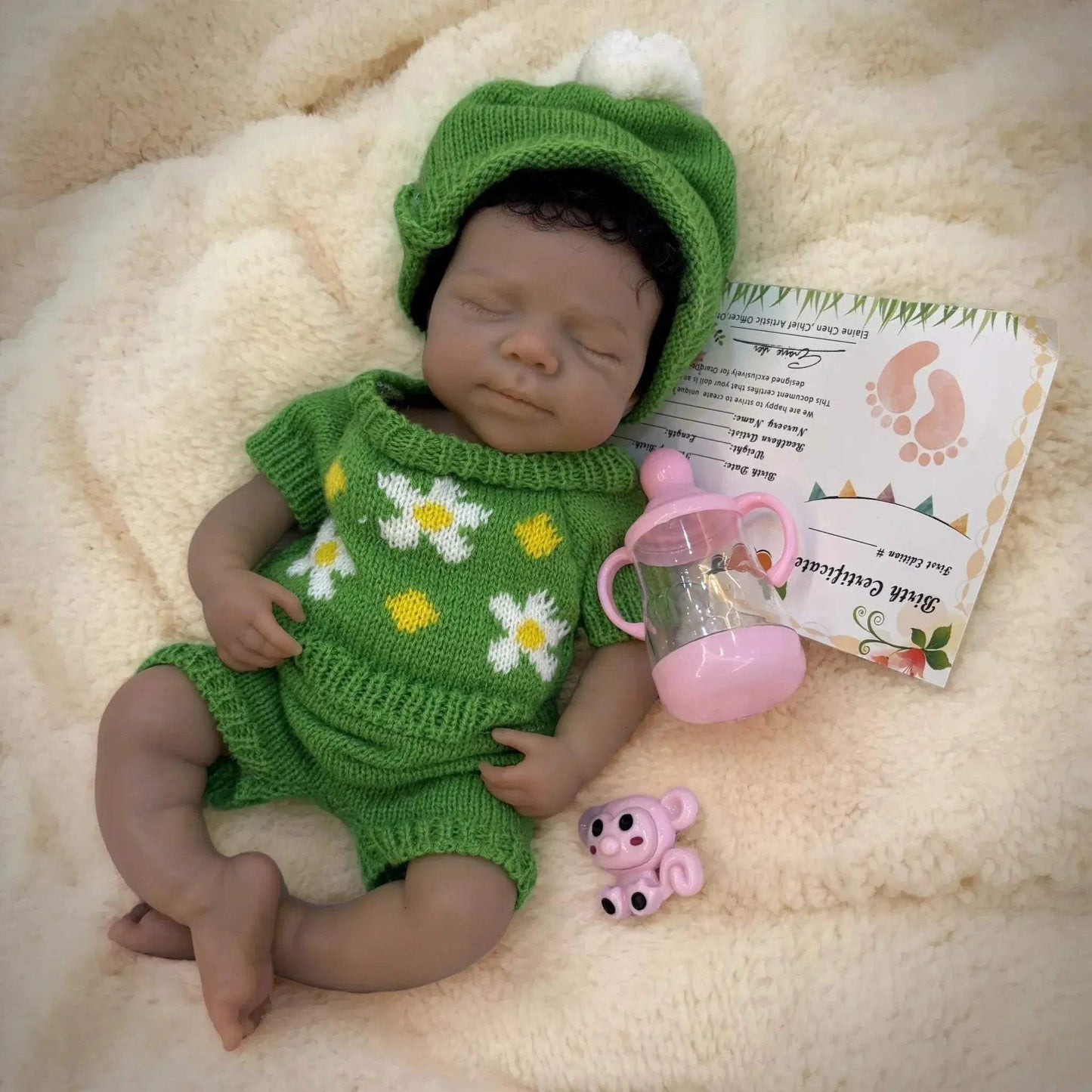 Silicone Reborn Baby Doll 33cm Dark Skin With Rooted Hair - ToylandEU