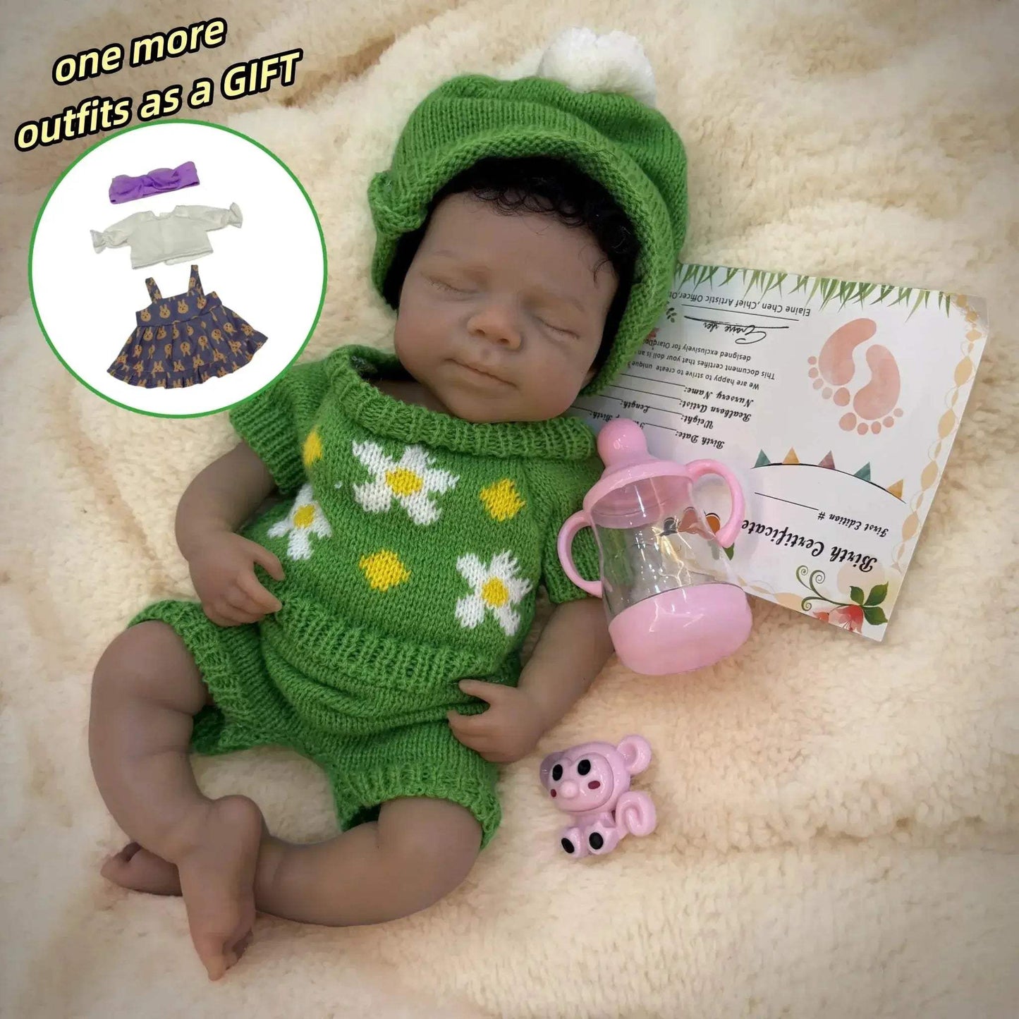 Silicone Reborn Baby Doll 33cm Dark Skin With Rooted Hair - ToylandEU