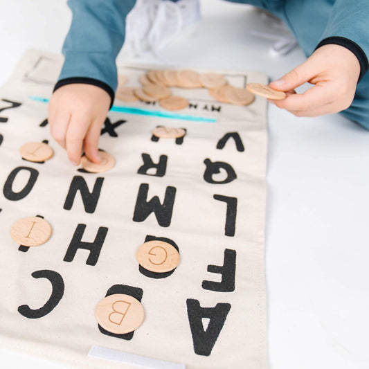 Wooden Alphabet Playmat | 26 Letter Tiles | Picture Discs | Kids Learning Toy
