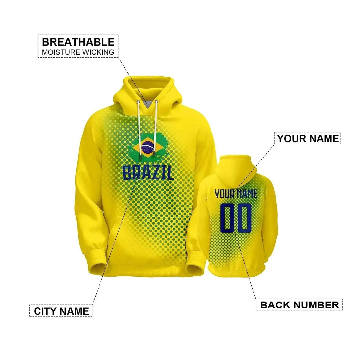  Personalized Brazil Soccer Hoodie with National Flag - Custom Name & Number Pullover Sweatshirt for Fans of All Ages -  ToylandEU™