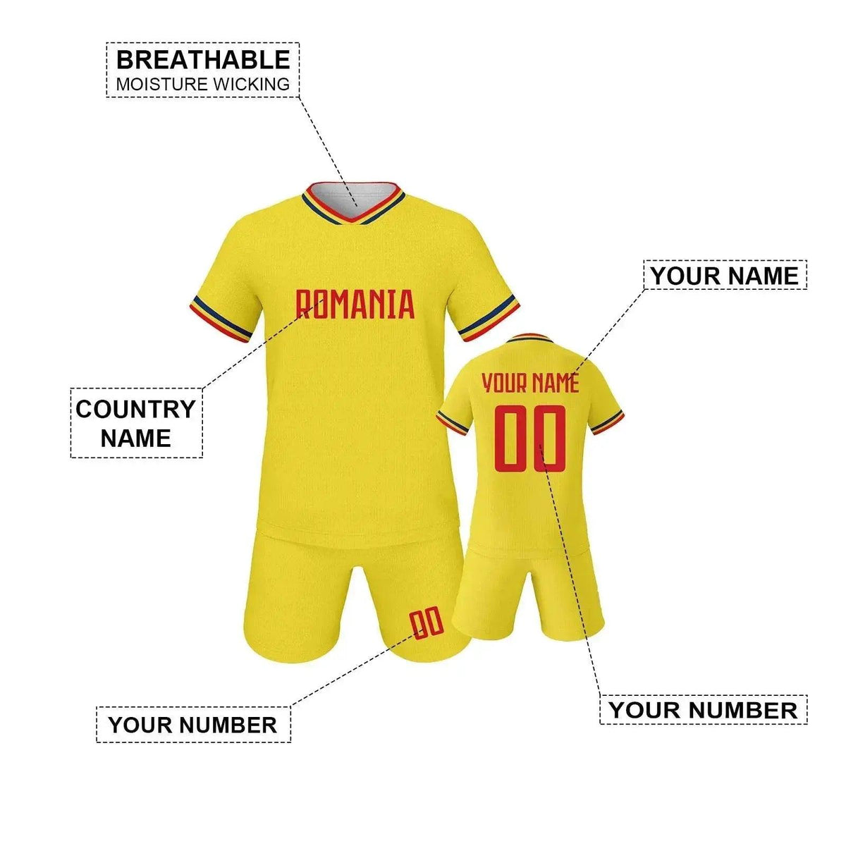  Personalized Romania Youth Soccer Jersey Kit - Custom Name & Number Football Uniform for Kids -  ToylandEU™