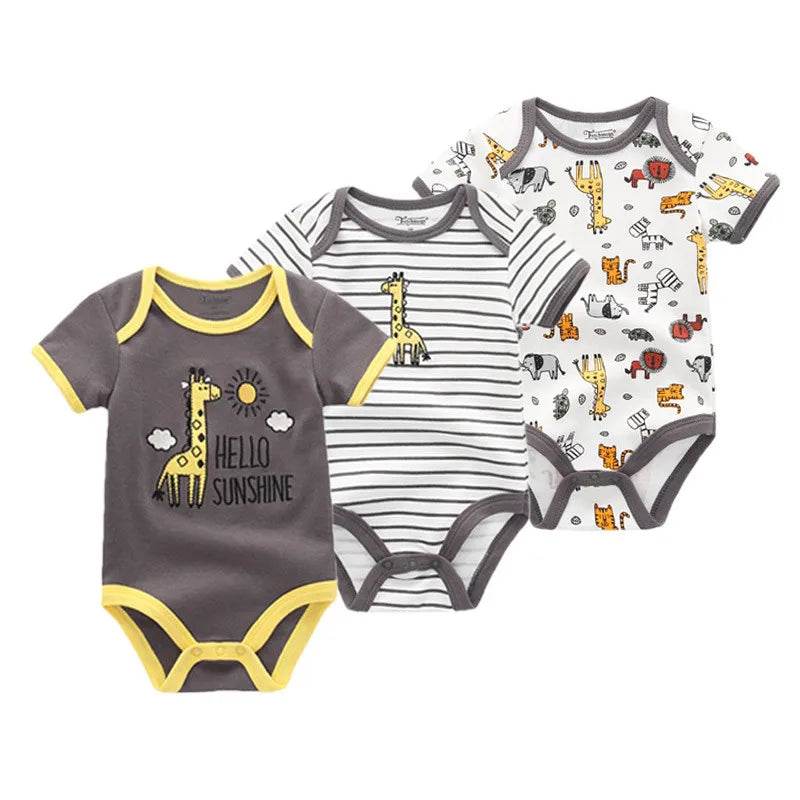 Soft Baby Bodysuits 100 Percent Cotton Cartoon Prints 3 Pack Unisex Short Sleeve Onesies For Newborns - ToylandEU