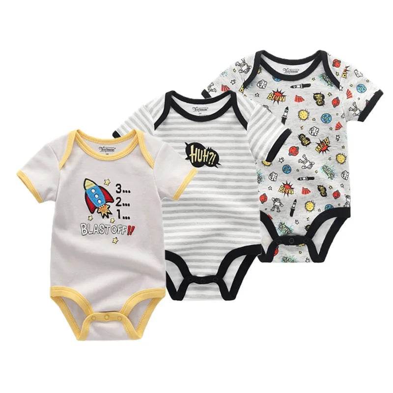 Soft Baby Bodysuits 100 Percent Cotton Cartoon Prints 3 Pack Unisex Short Sleeve Onesies For Newborns - ToylandEU
