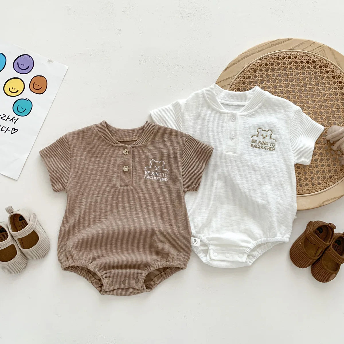 Soft Baby Bodysuits Summer Short Sleeve Cartoon Bear Letter Print Crawling One Piece For Infants 0 To 12 Months - ToylandEU