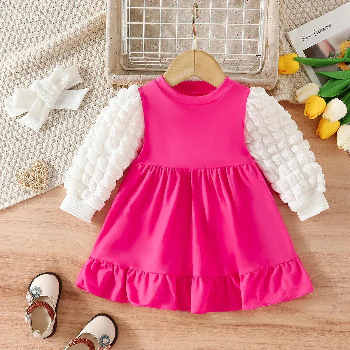 Soft Baby Dress Color Blocked Round Neck Long Sleeve For Girls 0 To 24 Months - ToylandEU