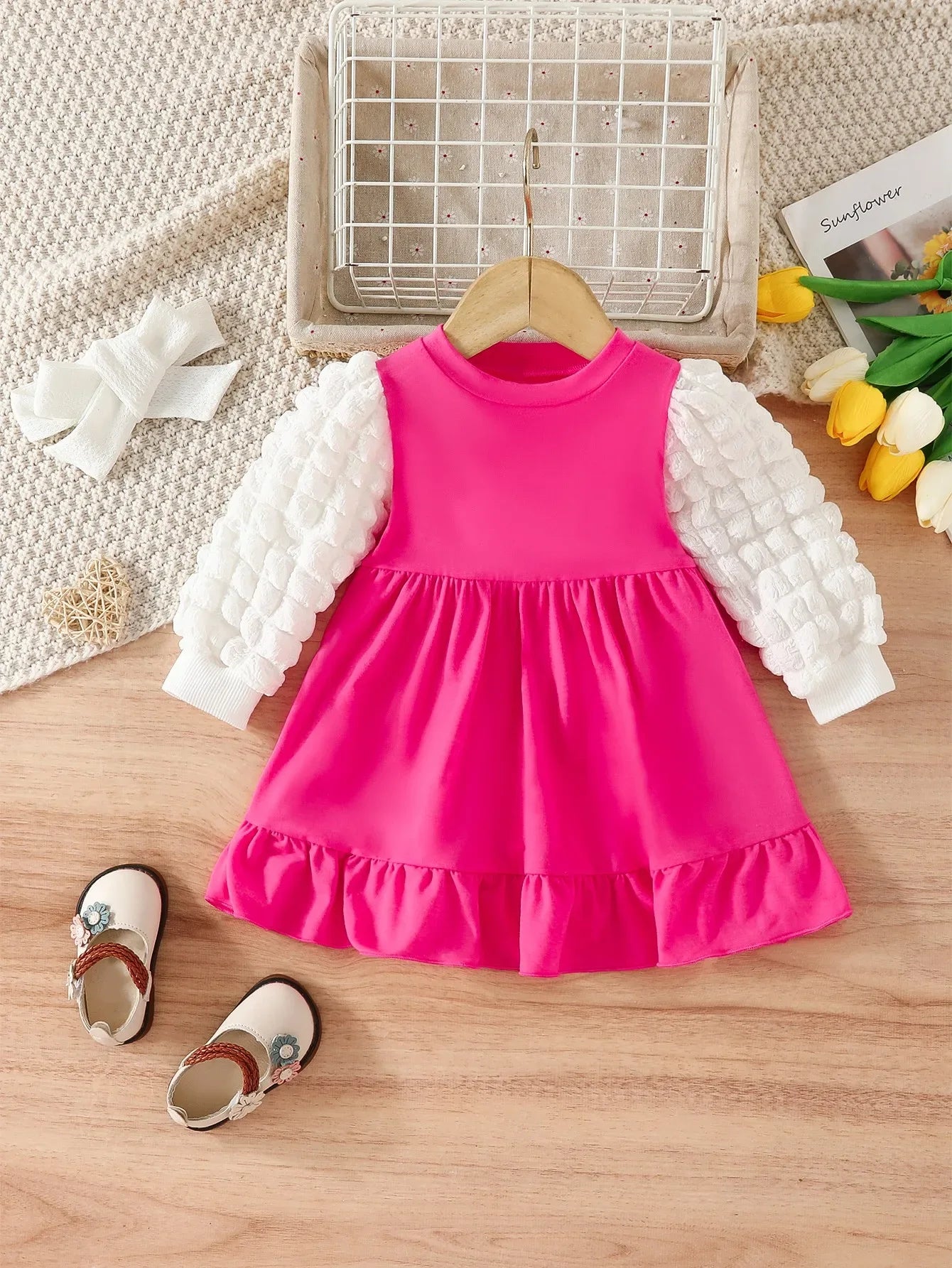 Soft Baby Dress Color Blocked Round Neck Long Sleeve For Girls 0 To 24 Months - ToylandEU