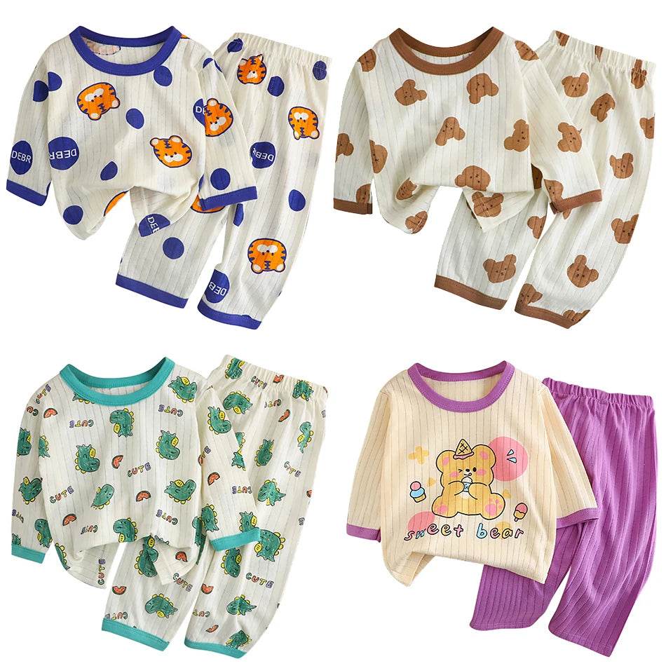 Soft Breathable Cotton Long Sleeve And Pants Pajama Set For Boys And Girls Cartoon Bear Unisex Summer Sleepwear - ToylandEU