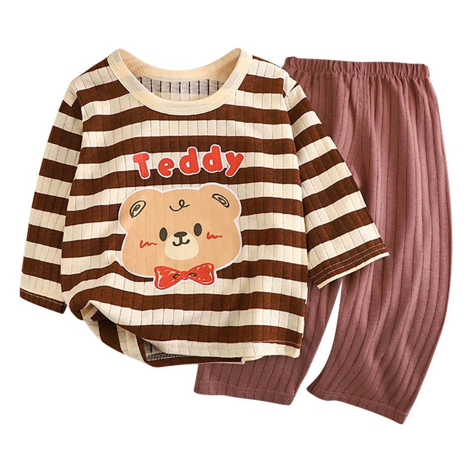 Soft Breathable Cotton Long Sleeve And Pants Pajama Set For Boys And Girls Cartoon Bear Unisex Summer Sleepwear - ToylandEU