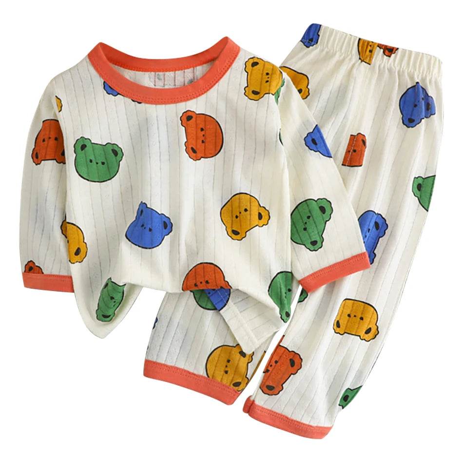 Soft Breathable Cotton Long Sleeve And Pants Pajama Set For Boys And Girls Cartoon Bear Unisex Summer Sleepwear - ToylandEU